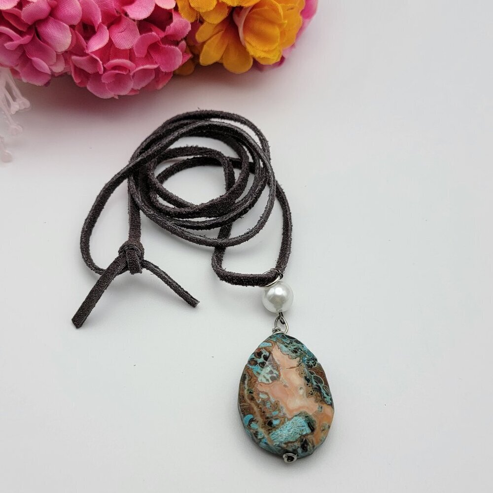 Ocean Jasper Pendant Leather Cord Necklace 31 Inch Tie Boho Multicolor Teardrop